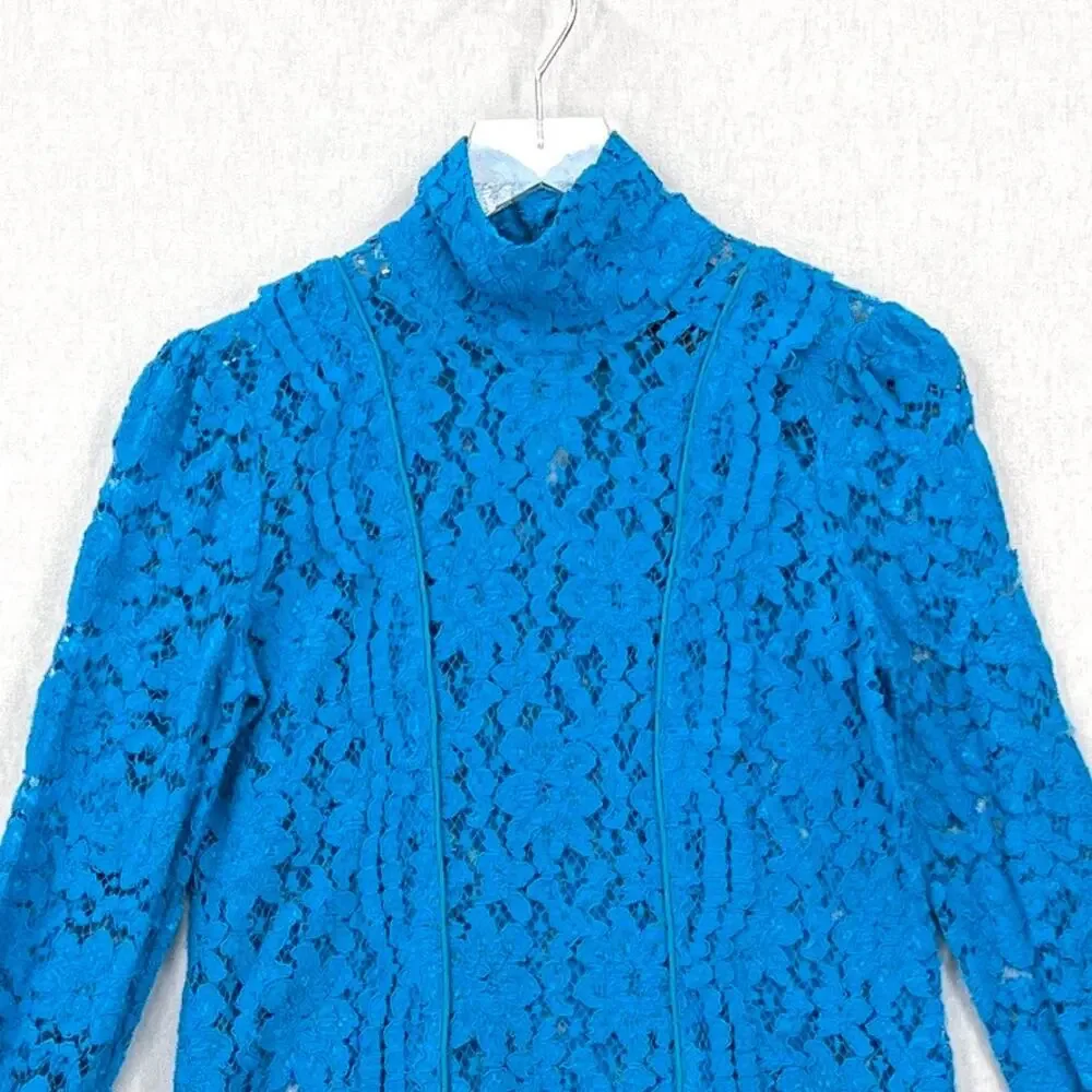 SMYTHE Scalloped Lace Mockneck Top Womens Extra Small Prussian Blue Floral